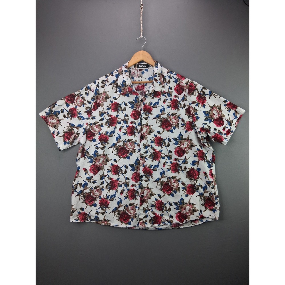 VatPave Floral Button Up Shirt XXL White Red Rose Short Sleeve Casual Summer